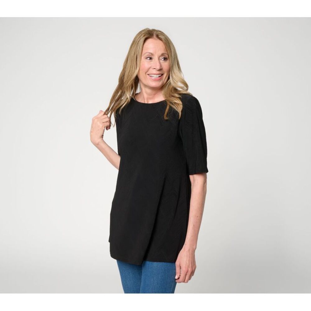 Susan Graver Women's Top Sz L Jacquard Liquid Knit Elbow Slv A-Line Black